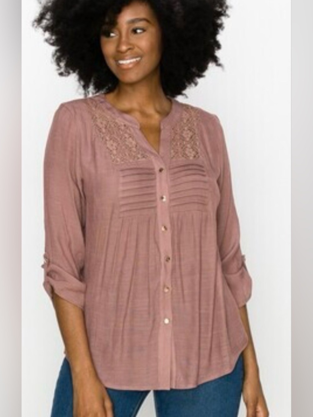 Mauve Lace Yoke Pintuck Button Front‎ Blouse Roll Tab Sleeves